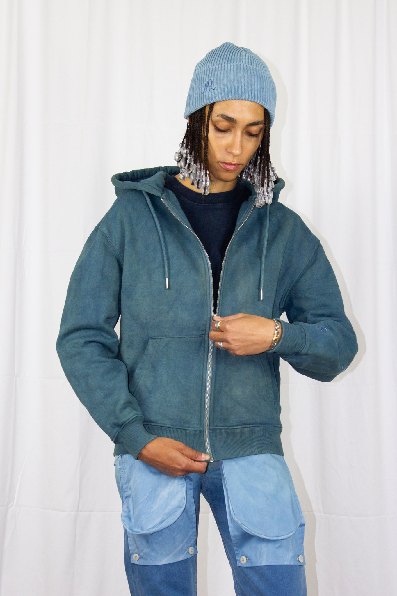 Le zip hoodie boxy organic indigo dye